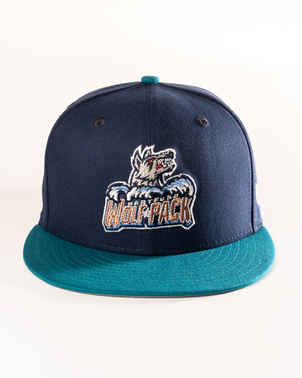 Front profile of New Era hartford Wolf Pack 59Fifty in oceanside blue, with a shark teal visor and grey undervisor.
